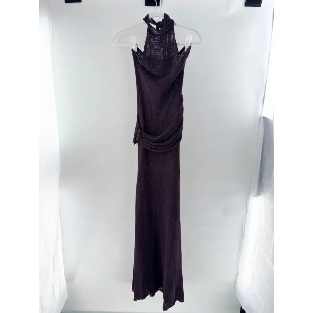 Meshki Reece Halter Neck Open Back Sheer Knit Maxi Dress Chocolate Woemn's Small - Picture 3 of 7